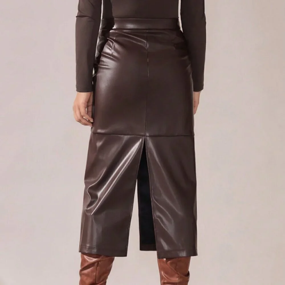 Brown Casual Women's Elegant A-Line Split Hem faux leather Skirt